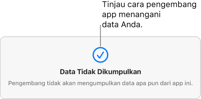 Sebagian halaman Mac App Store utama, menampilkan kebijakan privasi pengembang app yang dipilih.