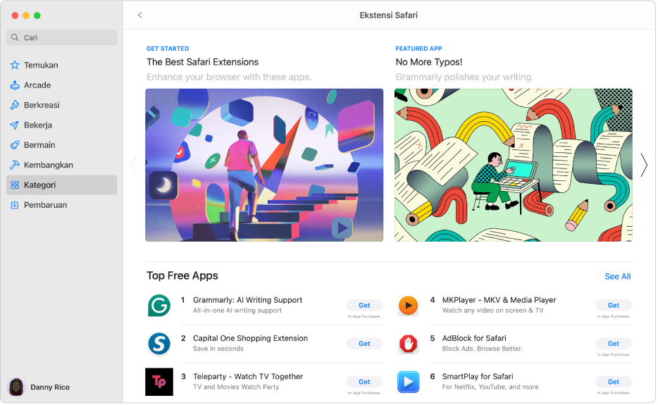 Halaman Mac App Store Ekstensi Safari. Bar samping di sebelah kiri menyertakan tautan ke halaman lainnya: Temukan, Berkreasi, Bekerja, Bermain, Kembangkan, Kategori, dan Pembaruan. Di sebelah kanan terdapat Ekstensi Safari yang tersedia.