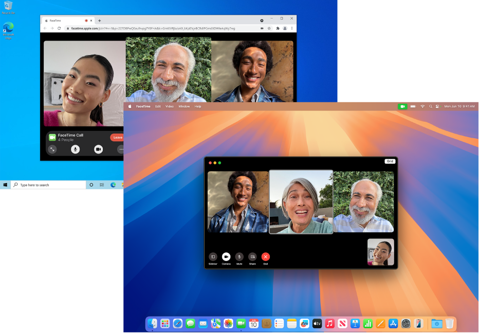 MacBook Pro amb una trucada per FaceTime en grup en una sessió. Darrere hi ha un PC amb una trucada per FaceTime en grup en una sessió al web.