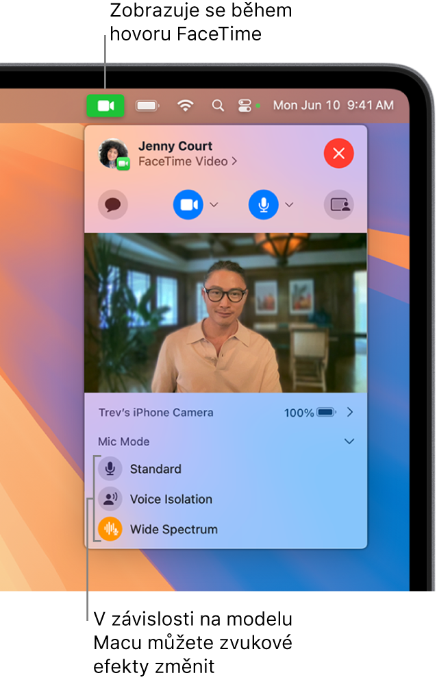 Ovládací centrum v pravém horním rohu obrazovky Macu, kde je vidět tlačítko Video (signalizující, že jste účastníkem hovoru FaceTime) a volby režimu mikrofonu (které v závislosti na Macu mění efekty zvuku)
