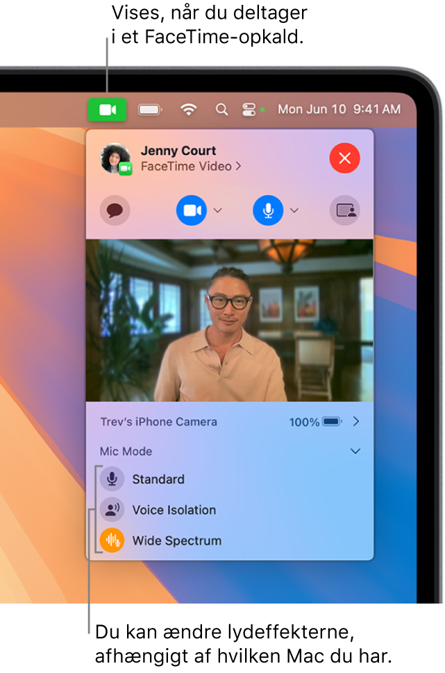 Kontrolcenter i øverste højre hjørne af skærmen på Mac, der viser knappen Video (som vises, når du er med i et FaceTime-opkald) og muligheder for Mikrofon (som ændrer lydeffekter afhængigt af din Mac).