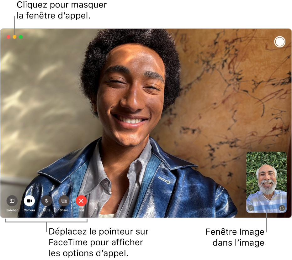 Placez le pointeur sur la fenêtre FaceTime pour afficher les boutons « Barre latérale », Caméra, « Couper le micro », « Partage de lʼécran », Raccrocher et « Live Photo ». Cliquez sur le bouton du milieu situé dans le coin supérieur gauche pour masquer la fenêtre d’appel. La fenêtre d’image dans l’image apparaît dans le coin inférieur droit.