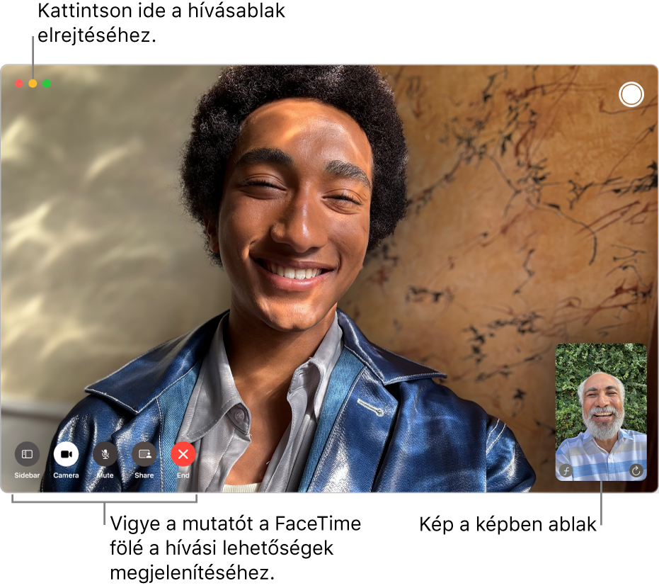 Vigye a mutatót a FaceTime-ablak fölé az Oldalsáv, a Kamera, a Némítás, a Képernyőmegosztás, a Hívás vége és a Live Photo gombok megjelenítéséhez. A hívásablak elrejtéséhez kattintson a középső gombra a FaceTime-ablak bal felső sarkában. A kép a képben ablak a jobb alsó sarokban jelenik meg.