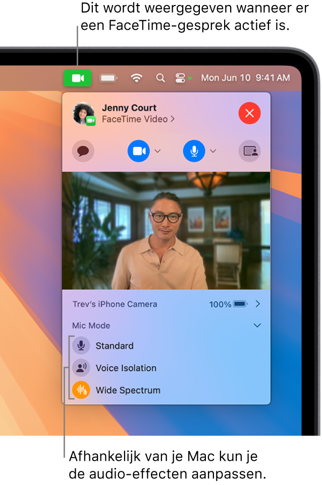 Het bedieningspaneel in de rechterbovenhoek van het Mac-scherm, met de videoknop (wat verschijnt wanneer je deelneemt aan een FaceTime-gesprek) en opties voor 'Microfoonmodus' (waarmee je audio-effecten kunt wijzigen, afhankelijk van je Mac).