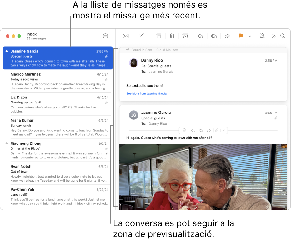 A la llista de missatges, només es mostra el més recent d’una conversa. Una xifra al missatge superior indica el nombre de missatges de la conversa que estan a la bústia actual. Segueix la conversa a l’àrea de previsualització.