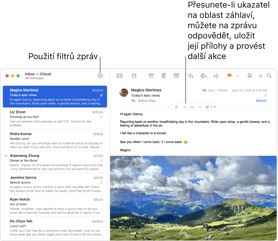Okno Mailu. Chcete‑li použít filtry zpráv, klikněte na panelu nástrojů na tlačítko Filtrovat. Po přesunutí ukazatele na oblast záhlaví zprávy se zobrazí tlačítka pro vytvoření odpovědi, ukládání příloh a další akce.