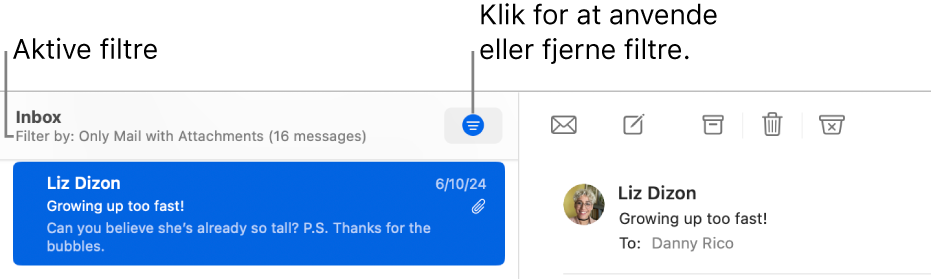 Vinduet Mail, der viser værktøjslinjen over beskedlisten, hvor Mail viser, hvilke filtre der anvendes, f.eks. “Kun e-mail med bilag”.