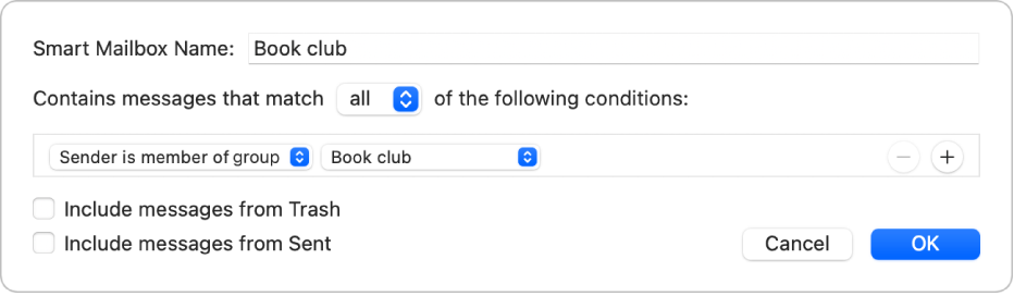 The Smart Group window showing criteria for a group named “Book club”. The group has two conditions. The first condition is “Sender is member of group”. The second condition is “Book club”.