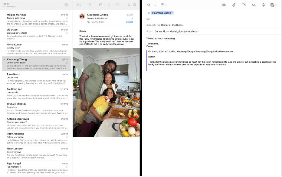 La lista de mensajes en paralelo con una ventana de redacción de Split View.