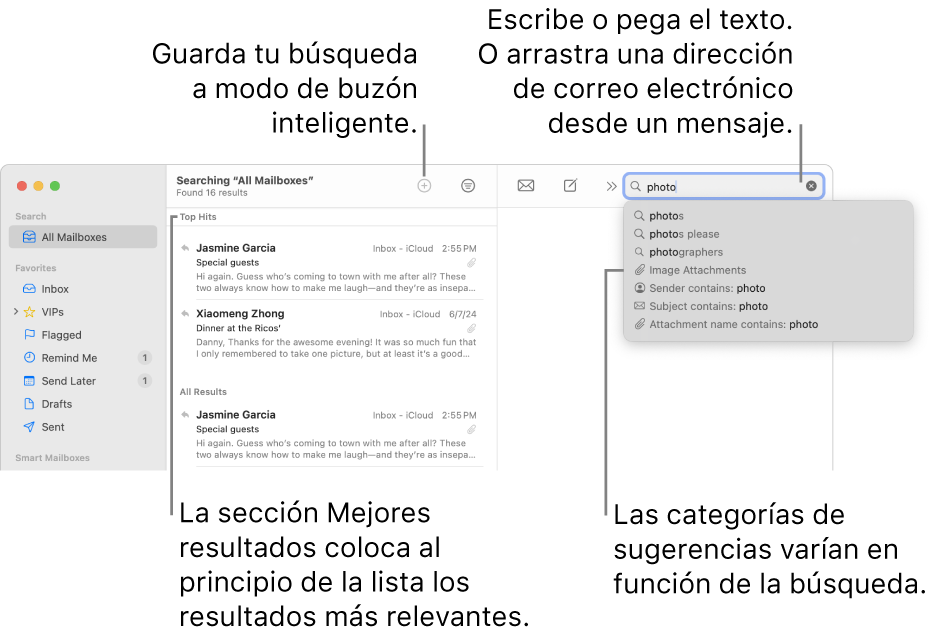 El buzón en que se busca aparece resaltado en la barra de búsqueda. Para buscar en otro buzón, haz clic en su nombre. Puedes escribir o pegar texto en el campo de búsqueda, o arrastrar una dirección de correo electrónico desde un mensaje. A medida que escribes, aparecen sugerencias bajo el campo de búsqueda. Están organizadas en categorías, como Asunto o Archivos adjuntos, dependiendo del texto de búsqueda. La lista Mejores resultados muestra primero los resultados más relevantes.