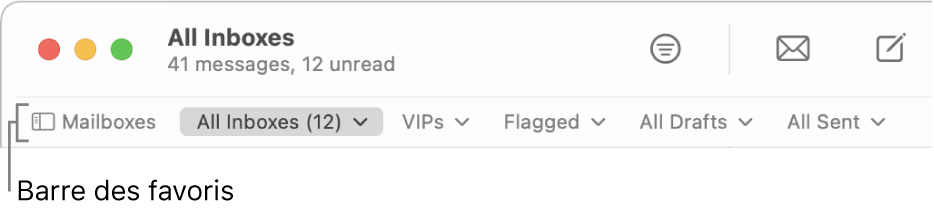 La barre des favoris comprenant le bouton « Boîtes aux lettres » et les boutons permettant d’accéder aux boîtes aux lettres favorites, telles que les boîtes VIP et Marqués.