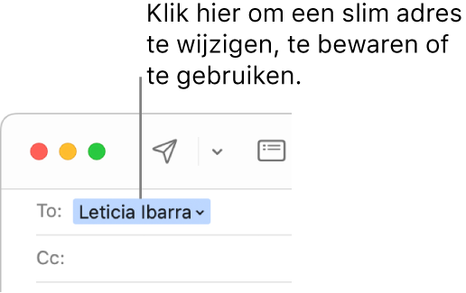 Een slim adres met de pijl waarop je kunt klikken om een slim adres te wijzigen, te bewaren of te gebruiken.