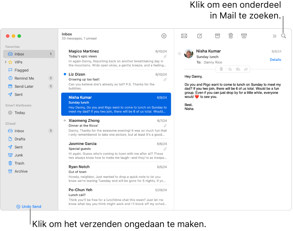 Een Mail-venster met links de navigatiekolom. De knop 'Maak verzenden ongedaan' staat onder in de navigatiekolom.