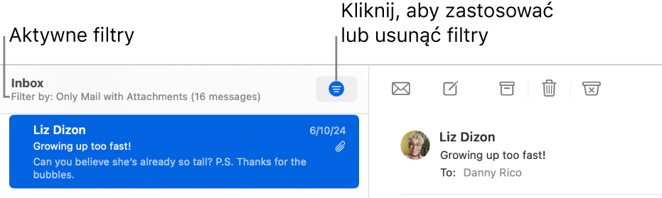 Okno Poczty, w którym pokazany jest pasek narzędzi nad listą wiadomości, gdzie Poczta wskazuje, które filtry zostały zastosowane, na przykład „Tylko poczta z załącznikami”.