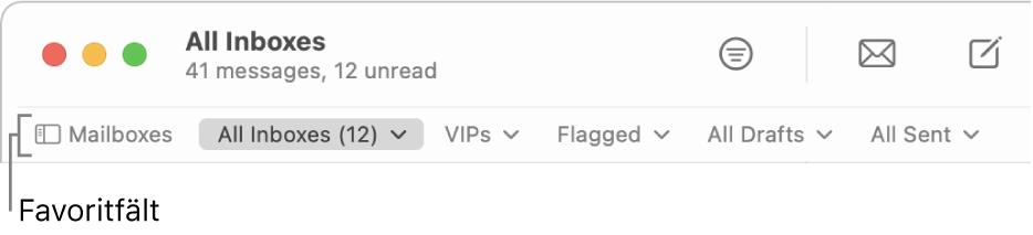 Favoritfältet med knappen Brevlådor och knappar för att öppna favoritbrevlådor, t.ex. VIP eller Flaggat.
