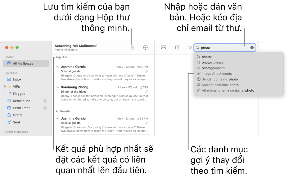 Hộp thư đang được tìm kiếm được tô sáng trong thanh tìm kiếm. Để tìm kiếm hộp thư khác, hãy bấm vào tên của hộp thư đó. Bạn có thể nhập hoặc dán văn bản vào trường tìm kiếm hoặc kéo địa chỉ email từ thư. Khi bạn nhập, các gợi ý sẽ xuất hiện bên dưới trường tìm kiếm. Các gợi ý này được sắp xếp theo danh mục, chẳng hạn như Chủ đề hoặc Tệp đính kèm, tùy thuộc vào văn bản tìm kiếm của bạn. Kết quả phù hợp nhất sẽ đặt các kết quả có liên quan nhất lên trên đầu.