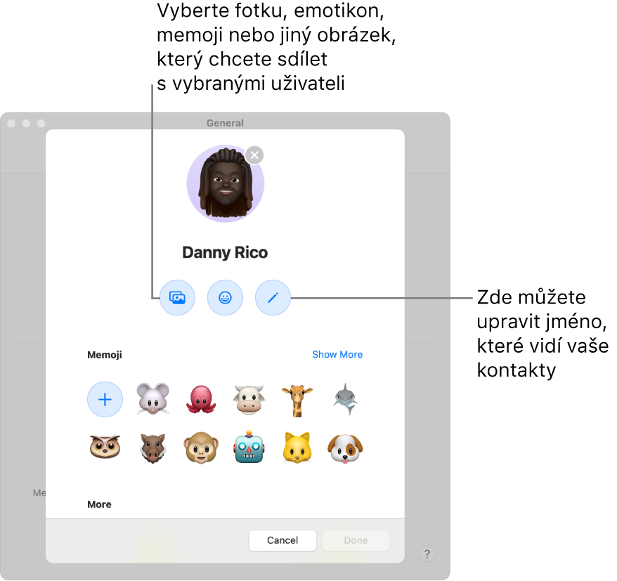 Dialogové okno Sdílení jména a fotky s volbami pro úpravy jména zobrazeného vašimi kontakty a pro výběr fotek, emotikonů, memoji a dalších obrázků