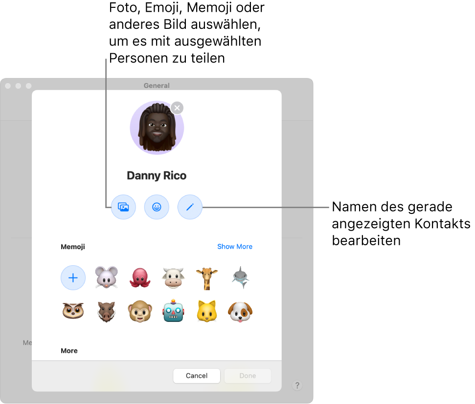 Das Dialogfenster „Namen und Foto teilen“ mit Optionen zum Bearbeiten des Namens, den deine Kontakte sehen, und zum Auswählen eines Fotos, Emojis, Memojis oder anderen Bilds.