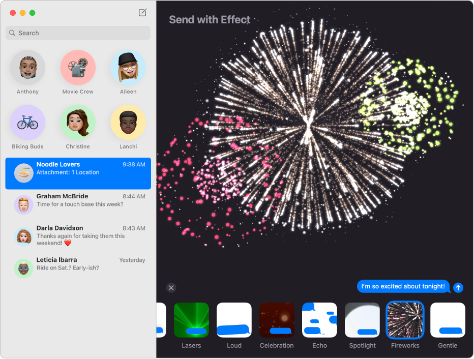 The Messages window with several conversations listed in the sidebar at the left and a message effect, fireworks, appearing in the conversation at the right.