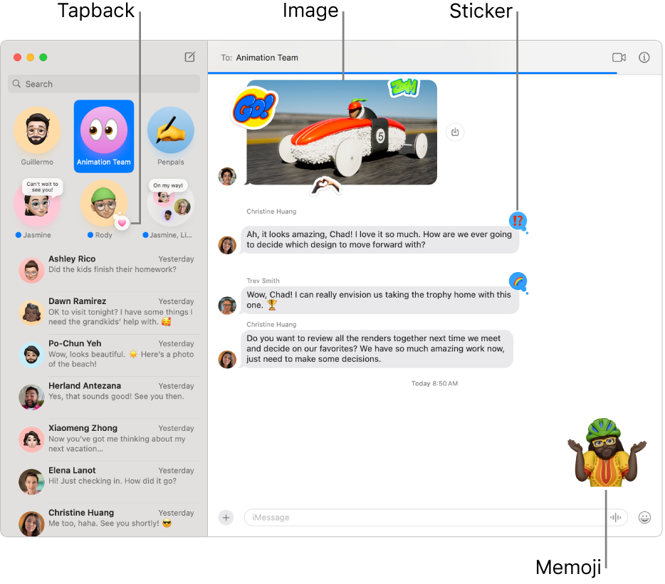 The Messages window with several conversations listed in the sidebar at the left, and a transcript showing at the right. A few items are highlighted in the transcript: a Tapback above a pinned conversation on the left, an image and Memoji on the right, and a Live Sticker in the lower-right corner. Click the Apps button at the bottom of the window to add photos, videos, #images, stickers, and message effects.