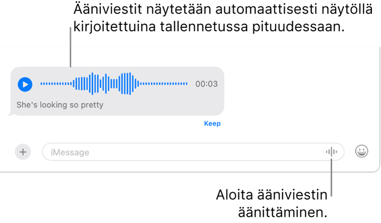 Viestit-keskustelu, jossa näkyy Tallenna ääni ‑painike viestikentän vieressä ikkunan alaosassa. Keskustelussa näkyy ääniviesti, sen puhtaaksikirjoitus ja sen pituus.