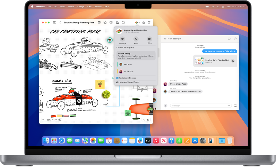 Le bureau Mac avec deux fenêtres ouvertes : la fenêtre Freeform avec un tableau partagé et des options pour la collaboration, et l’app Messages avec une conversation qui affiche le même tableau partagé.