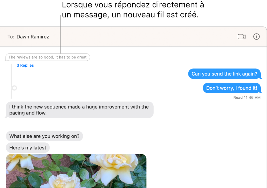 La fenêtre Messages montrant une conversation avec un nouveau fil sous un message spécifique.