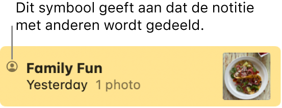 Een notitie die met anderen in een Berichten-gesprek is gedeeld, met het symbool 'Gedeeld' links van de naam van de notitie.