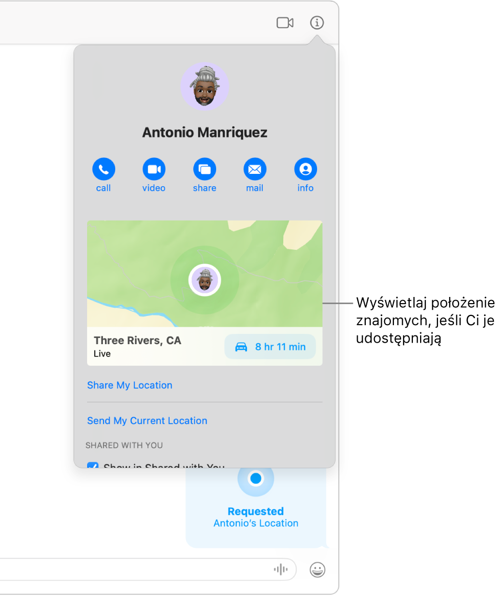 Widok informacji, wyświetlany po kliknięciu w przycisk informacji w rozmowie. Widoczna jest ikona osoby udostępniającej swoje położenie oraz mapa z adresem tej osoby.