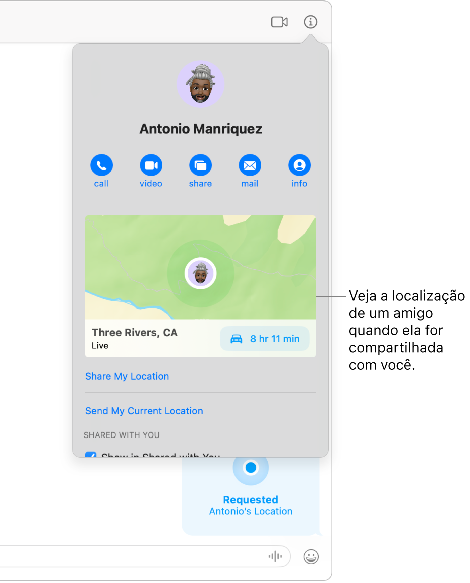 Visualização de Informações, que aparece quando você clica no botão Informações em uma conversa, mostrando o ícone de uma pessoa que compartilhou a localização com você e um mapa e o endereço da localização.