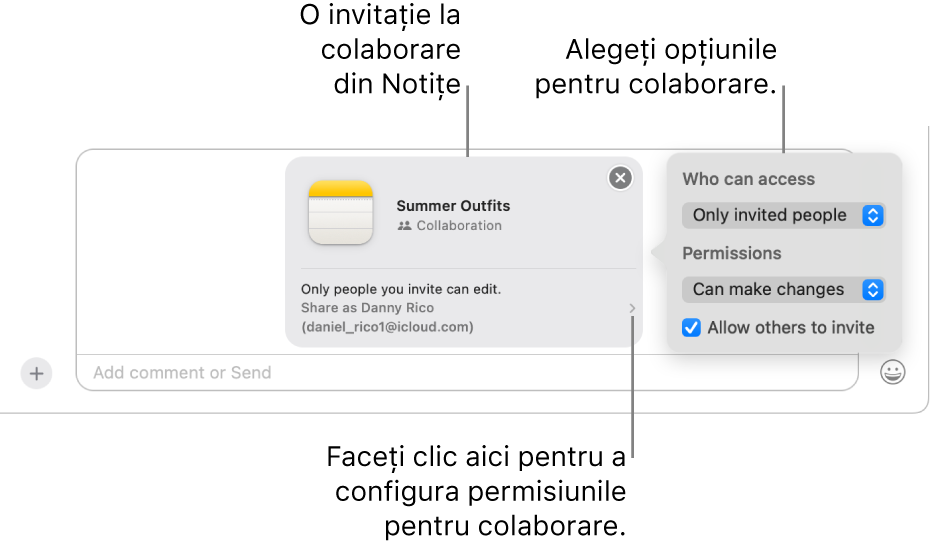 Un detaliu al câmpului mesajului text din partea de jos a conversației Mesaje. Există o invitație de a colabora la o notiță. Puteți face clic în partea dreaptă a invitației pentru a configura permisiunile de colaborare.