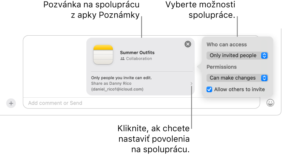 Detailný pohľad na pole textovej správy v spodnej časti konverzácie apky Správy. Nachádza sa tam pozvánka na spoluprácu na poznámke. Môžete kliknúť na pravú stranu pozvánky a nastaviť povolenia pre spoluprácu.