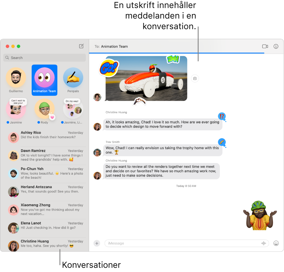 Meddelandefönstret med konversationer i sidofältet och transkriberingen som innehåller meddelanden inom konversationen.