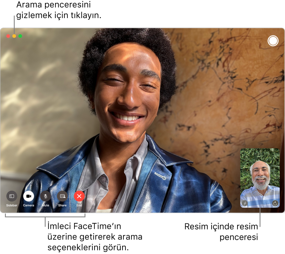 Sürmekte olan görüntülü bir FaceTime araması var. Resim içinde resim penceresi sağ üst köşede, FaceTime arama seçenekleri ise sol alt köşede görünüyor.