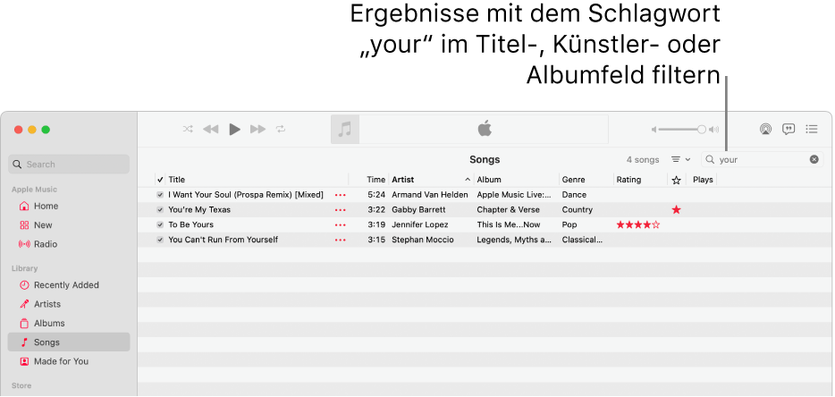 Das Fenster „Apple Music“ zeigt die Liste von Titeln, die erscheint, wenn „your“ in das Filterfeld oben rechts eingegeben wird. Bei den Titeln in der Liste kommt das Wort „your“ im Titel, im Künstler- oder im Albumnamen vor.