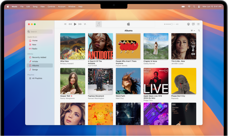 The Apple Music window with a library of albums.