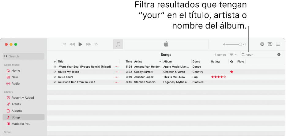 La ventana de Apple Music mostrando la lista de canciones que aparece cuando se escribe “your” en el campo de filtro en la esquina superior derecha. Las canciones de la lista incluyen la palabra “your” en el título, el nombre del artista o el nombre del álbum.