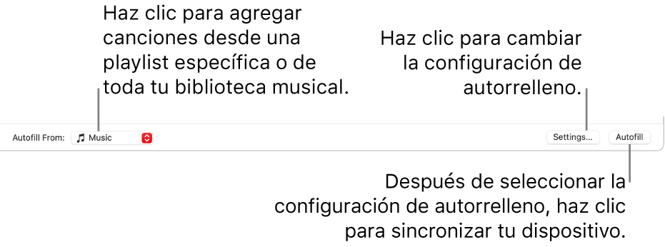 Las opciones de autorrelleno en el área inferior de la ventana Música. En el extremo izquierdo se encuentra el menú desplegable Autorrellenar, donde puedes optar por agregar canciones de una playlist o de toda tu biblioteca. En el extremo derecho se encuentran dos botones: Configuración, que permite cambiar las opciones de autorrelleno, y el botón Autorrelleno. Cuando haces clic en Autorrelleno, tu dispositivo se rellena con las canciones que cumplen con el criterio.