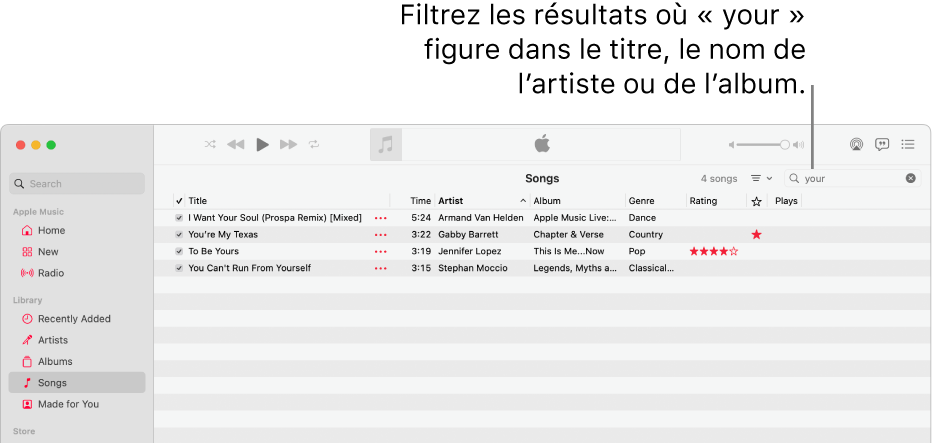 La fenêtre Apple Music qui affiche la liste des chansons apparaissant lorsque « your » est saisi dans le champ de filtre dans le coin supérieur droit. Les chansons de la liste incluent le mot « your » dans leur titre, leur nom d’artiste ou d’album.