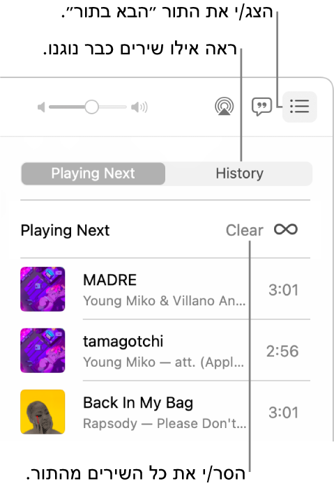 הכפתור ״הבא בתור״ בפינה השמאלית העליונה של החלון של Apple Music נלחץ וניתן לראות את רשימת השירים להשמעה. ניתן ללחוץ על הקישור ״היסטוריה״ כדי להראות את השירים שכבר הושמעו. ניתן ללחוץ על הקישור ״נקה״ על-מנת להסיר את כל השירים מהתור.