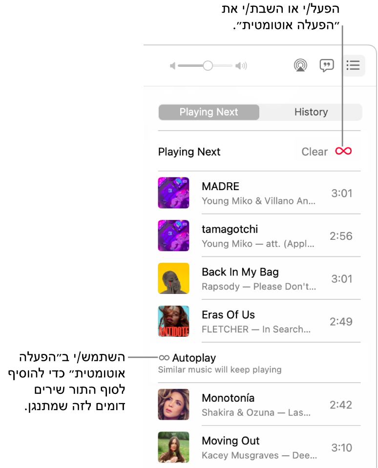 התור שנקרא ״הבא בתור״. ללחוץ על הכפתור “הפעלה אוטומטית” כדי להפעיל או להשבית אפשרות זו. כאשר האפשרות ״הפעלה אוטומטית״ פעילה, שירים דומים מתווספים לסוף התור.