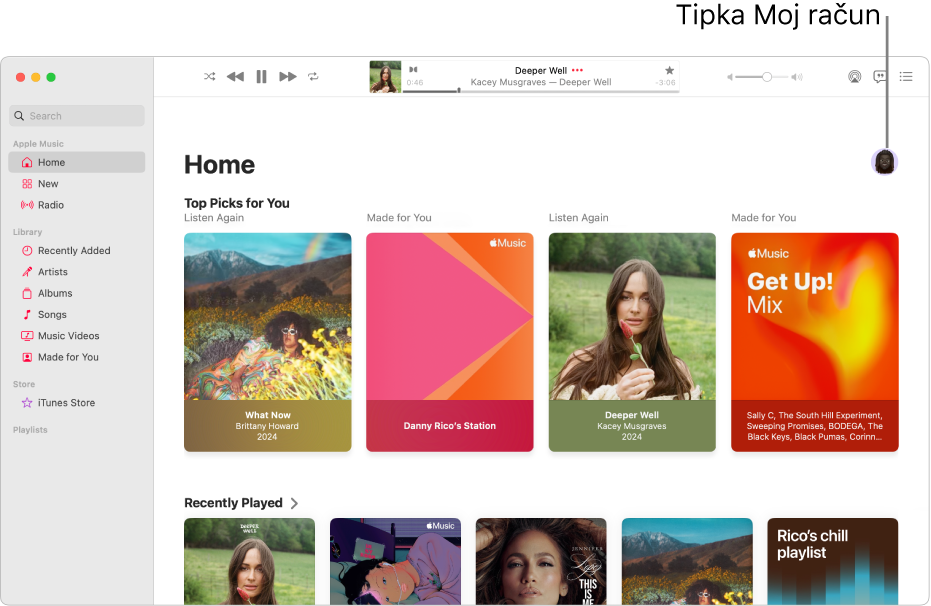 Prozor usluge Apple Music s prikazom zaslona Naslovna stranica. Tipka Moj račun (koja izgleda poput fotografije ili monograma) nalazi se u gornjem desnom kutu prozora.