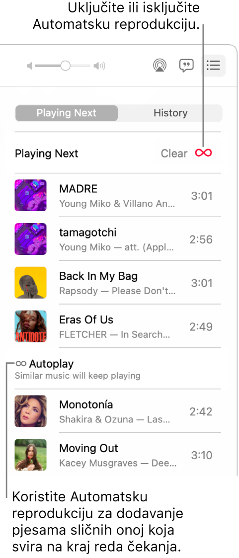 Red Sljedeće. Kliknite tipku Automatska reprodukcija za uključivanje i isključivanje. Kada je Automatska reprodukcija uključena, slične se pjesme dodaju na kraj reda.