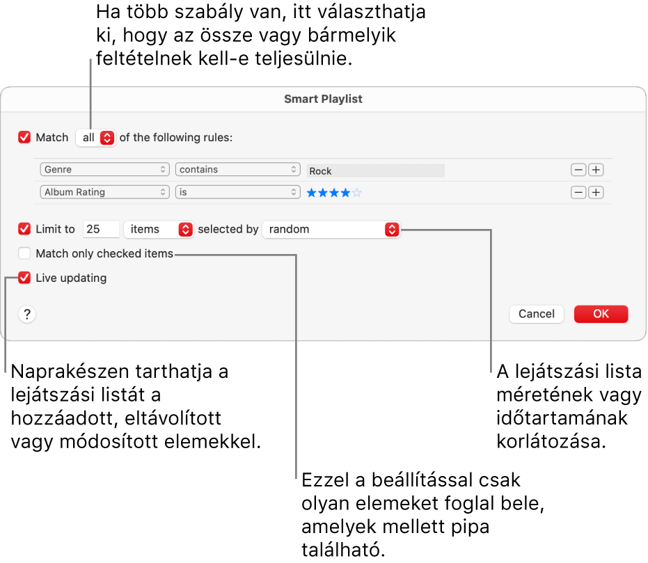 Az Intelligens lejátszási lista párbeszédablak: Válassza ki a bal felső sarokban az Egyezés lehetőséget, majd adja meg a lejátszási lista feltételeit (például a műfajt vagy az értékelést). A jobb felső sarokban lévő Hozzáadás és Eltávolítás gombbal folytathatja a szabályok hozzáadását, illetve eltávolítását. A párbeszédablak alsó részében különféle lehetőségeket választhat ki – például korlátozhatja a lejátszási lista méretét vagy időtartamát, megadhatja csak ellenőrzött zeneszámok szerepeltetését, illetve frissíttetheti a Zene appal a lejátszási listát, ha a könyvtárban lévő elemek megváltoznak.