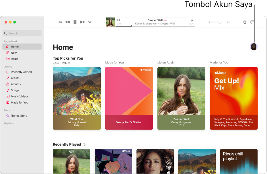 Jendela Apple Music menampilkan layar Beranda. Tombol Akun Saya (yang terlihat seperti foto atau monogram) ada di pojok kanan atas jendela.