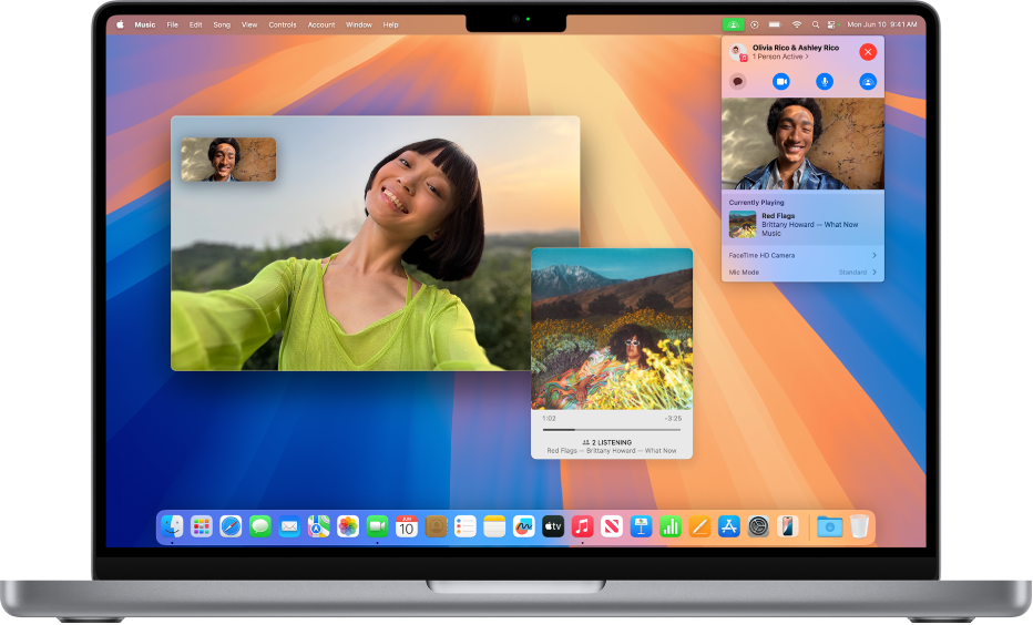 La finestra di FaceTime che mostra una chiamata con i partecipanti che utilizzano SharePlay per ascoltare un album insieme.