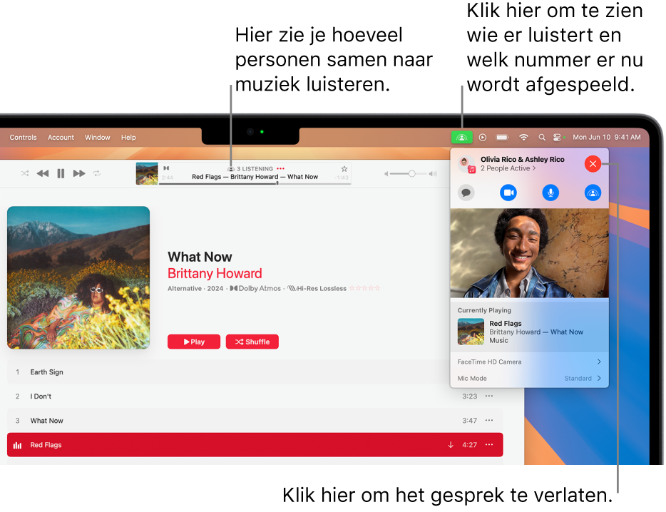 Het Muziek-venster met een nummer dat wordt afgespeeld in SharePlay. In het afspeelvenster is te zien hoeveel personen samen naar muziek luisteren. Aan de rechterkant wordt er op het SharePlay-symbool geklikt en kun je zien wie er luistert en welk nummer op dat moment wordt afgespeeld. Aan de rechterkant kun je op de sluitknop klikken.