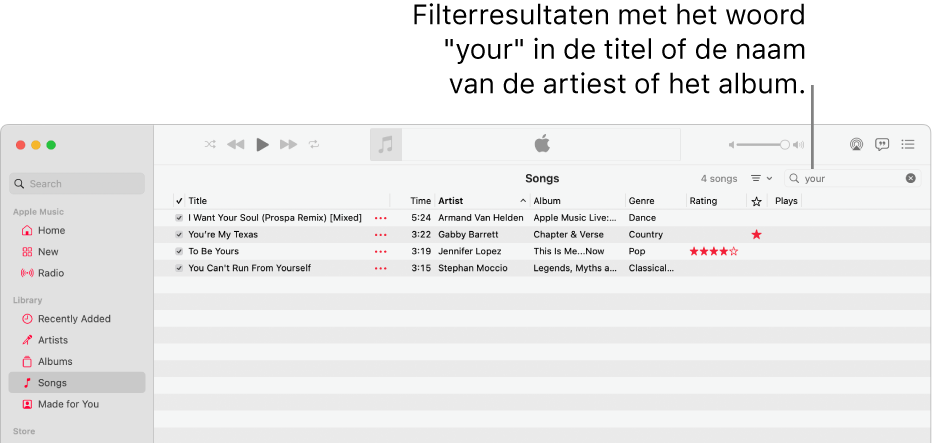 Het Muziek-venster met de lijst met nummers die wordt weergegeven wanneer rechtsboven in het filterveld het woord "your" wordt getypt. De nummers in de lijst hebben het woord "your" in de titel of in de naam van de artiest of het album.