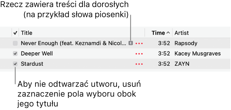 Fragment listy utworów w kategorii Muzyka z widocznymi polami wyboru. Pierwszy utwór oznaczony jest jako przeznaczony tylko dla osób dorosłych (ponieważ na przykład jego słowa zawierają wulgaryzmy). Jeśli utwór nie ma być odtwarzany, należy usunąć zaznaczenie jego pola wyboru.