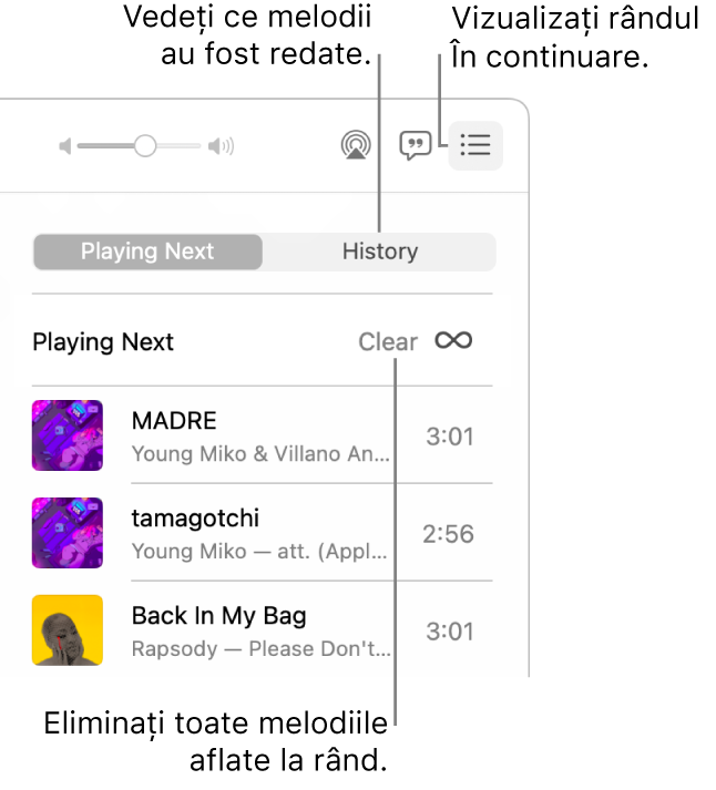 Butonul “În continuare” din colțul din dreapta sus al ferestrei Apple Music este selectat, iar lista este vizibilă. Faceți clic pe linkul Istoric pentru a afișa melodiile redate anterior. Faceți clic pe linkul “Degajează” pentru a elimina toate melodiile din coadă.